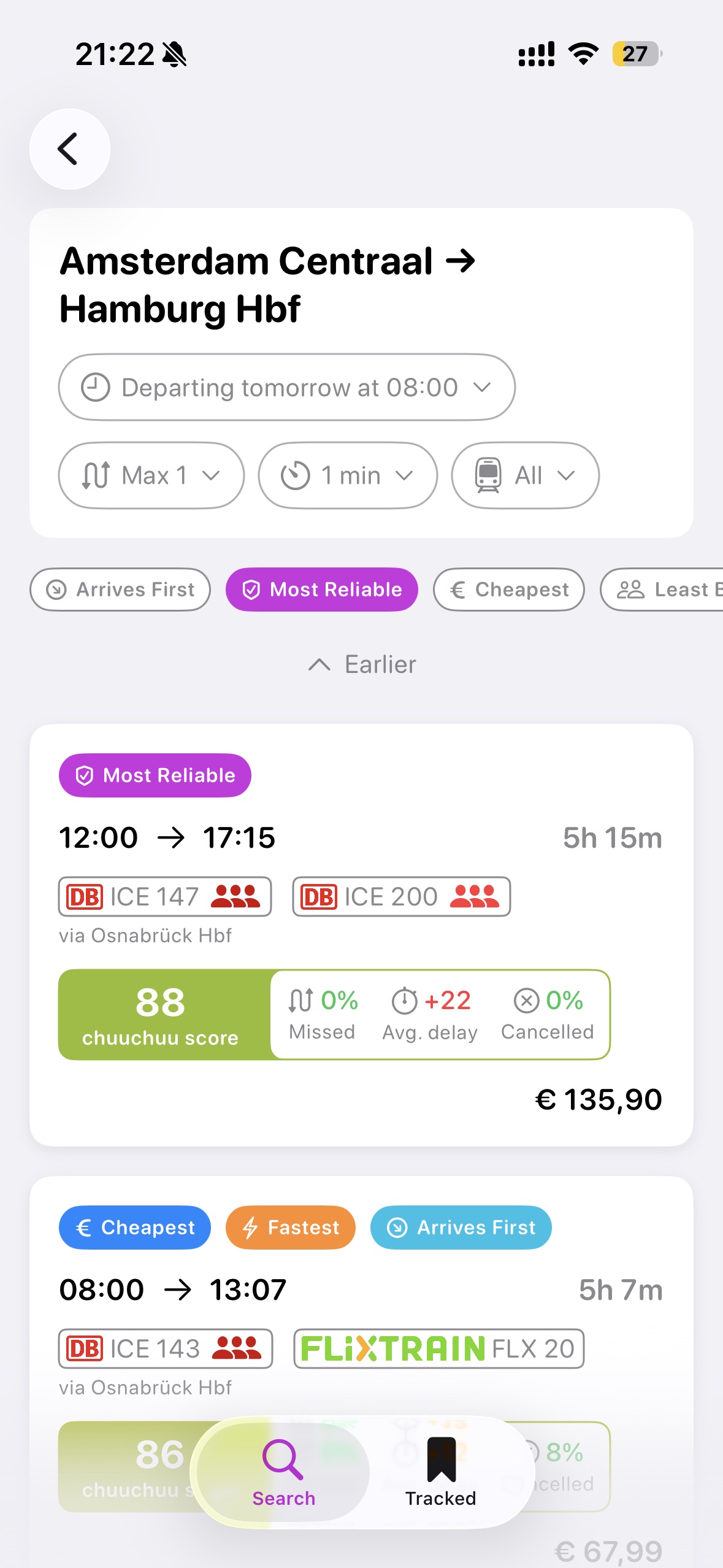 Journey planning screen with delay predictions